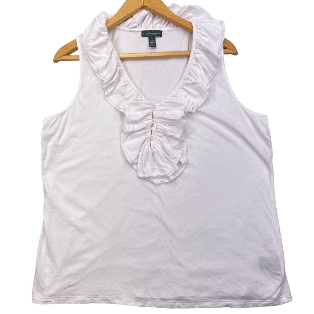 Lauren Ralph Lauren Ruffle Tank Top Womens XL White Cotton Sleeveless V-Neck